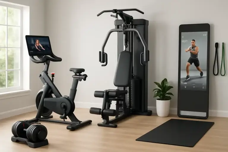 Modern home gym setup with smart fitness equipment, adjustable dumbbells, and fitness mirror