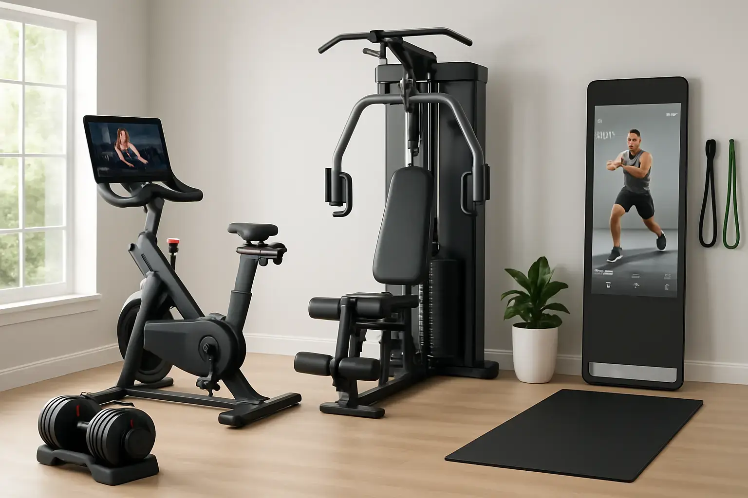 Modern home gym setup with smart fitness equipment, adjustable dumbbells, and fitness mirror